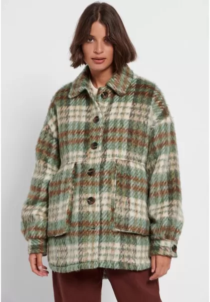 Women's Efficient Funky-Buddha Jackets & Coats Bistro Green Loose Fit Plaid Overshirt
