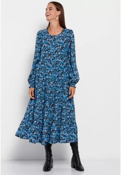 Store Women's Floral Maxi Dress With Ruffles Funky-Buddha Horizon Blue Dresses