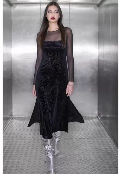 Black Women's Midi Draped Velvet Dress Funky-Buddha Smart Dresses
