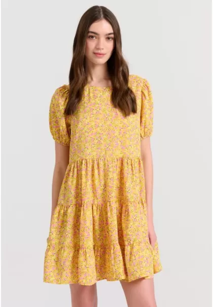Loose Fit Mini Girly Floral Dress With Ruffles Women's Mega Sale Funky-Buddha Dresses Yellow