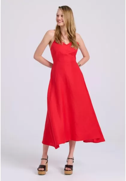 Affordable Linen Blend Midi Dress With Open Back Dresses Funky-Buddha Women's Red