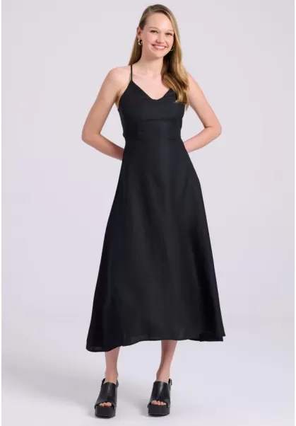 Women's Discount Funky-Buddha Black Dresses Linen Blend Midi Dress With Open Back