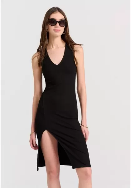 Superior Midi Dress In Rib Weave With Slit Black Dresses Women's Funky-Buddha