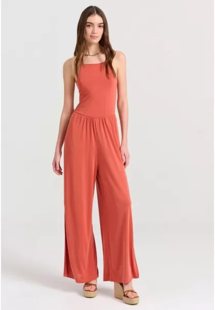 Reliable Red Orange Funky-Buddha Wide Leg Fit Jumpsuit With Side Openings Dresses Women's