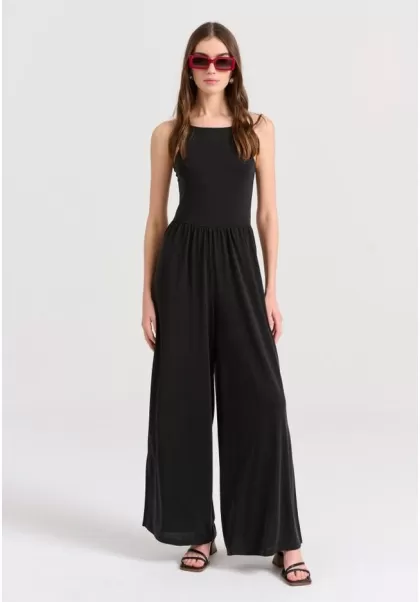 Wide Leg Fit Jumpsuit With Side Openings Dresses Women's Funky-Buddha Black Reliable