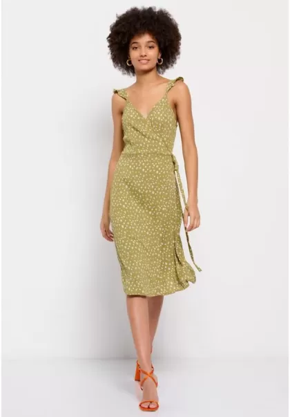 All Over Printed Wrap Midi Dress Olive Oil Dresses Women's Inexpensive Funky-Buddha