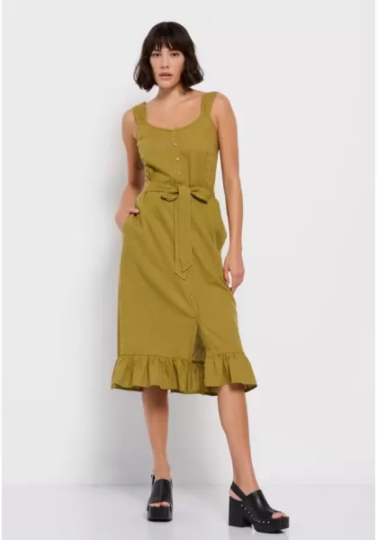 Women's Funky-Buddha Promo Olive Oil Linen Blend Midi Dress Dresses