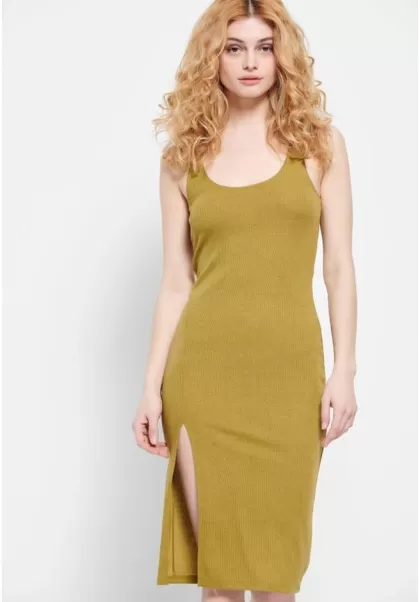 Handcrafted Dresses Olive Oil Women's Rib Dress With Side Slit Funky-Buddha