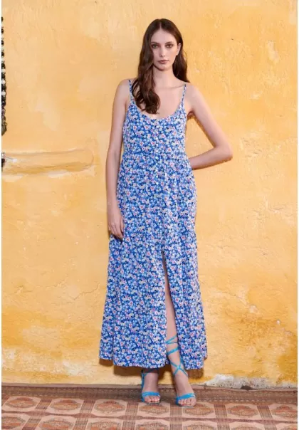 Loose Fit Floral Printed Maxi Dress Dresses Markdown Funky-Buddha Tranquil Blue Women's