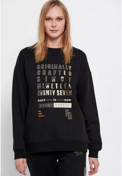 Distinctive Black Loose Fit Sweatshirt With Text Artwork Funky-Buddha Sweatshirts & Hoodies Women's