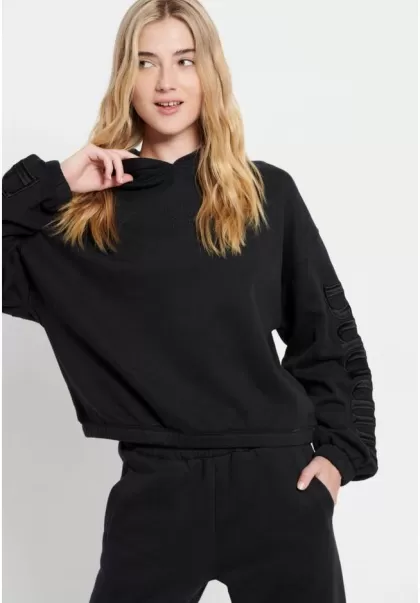 Oversized Overhead Hoodie With Embroidery On The Sleeves Efficient Black Women's Funky-Buddha Sweatshirts & Hoodies