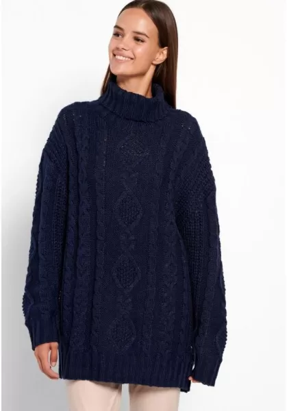 Oversized Cable Knitted Turtle Neck Sweater Knitwear & Cardigans Night Blue Funky-Buddha Women's Discount Extravaganza
