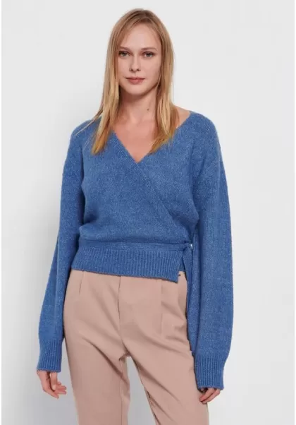 Atlantic Blue V-Neck Wrap Sweater Knitwear & Cardigans Women's Funky-Buddha Discount