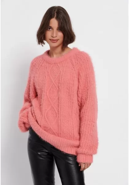 Women's Funky-Buddha Limited Knitwear & Cardigans Crew Neck Cable Knit Pullover Sweet Coral
