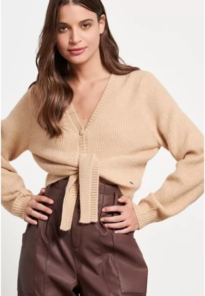 Knitwear & Cardigans Beige Cardigan With Front Bow Women's Funky-Buddha Cutting-Edge