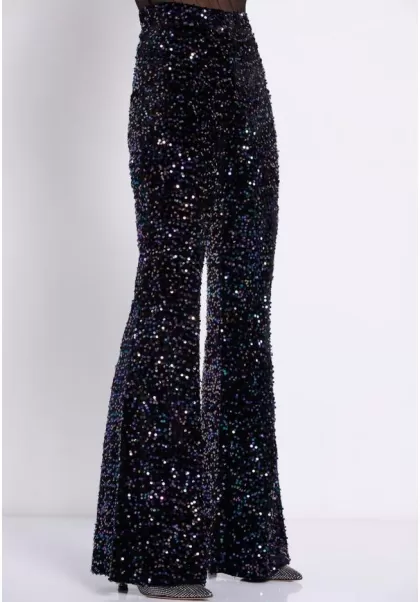 Funky-Buddha Black Flare Fit Velvet Pants With Sequins Trousers Craft Women's