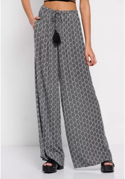 Women's All Over Printed Palazzo Pants Trousers Funky-Buddha Relaxing Black