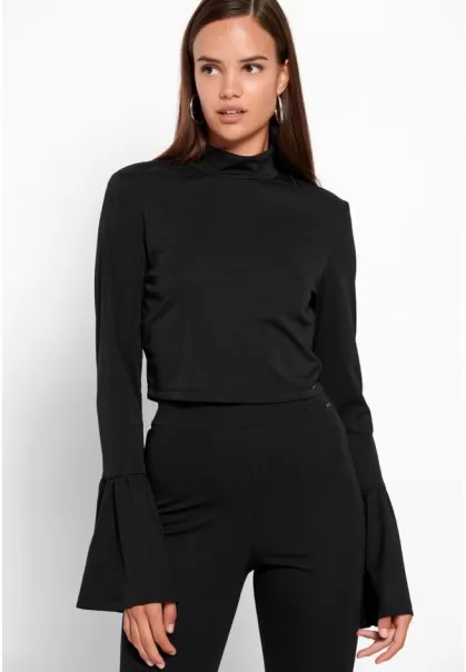Turtle Neck Long Sleeve Top With Batwing Sleeve Black Coupon Funky-Buddha Women's Blouses & Tops