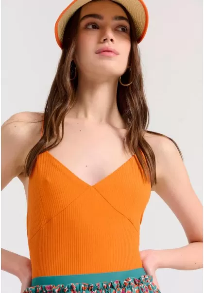 Women's Halter Neck Body In Rib Weave Blouses & Tops Vivid Sun Orange Funky-Buddha