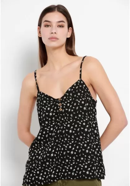 Funky-Buddha Slashed Women's Blouses & Tops All Over Printed Spaghetti Strap Top Black