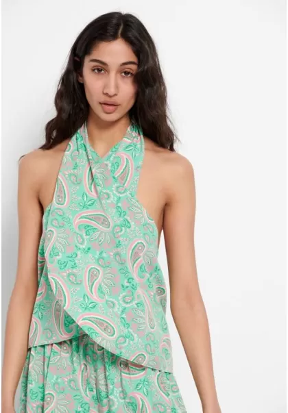 Funky-Buddha Blouses & Tops Green Fig Superior All Over Printed Halter Neck Top Women's
