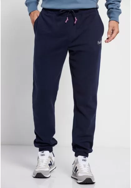 Navy Trousers Men's Cuffed Joggers With Printed Logo Exclusive Funky-Buddha