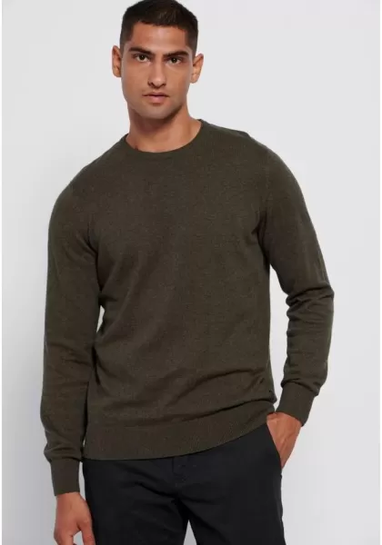 Men's Essential Crew Neck Sweater Funky-Buddha Stylish Khaki Mel Knitwear & Cardigans