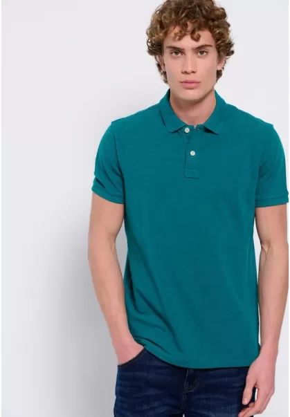 Men's Polo Shirt In Melange Fabric Enrich Emerald Mel Polo Shirts Funky-Buddha