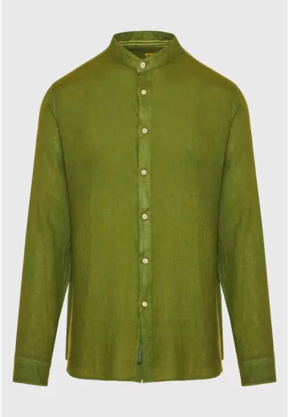 Mao Neck Garment Dyed Linen Shirt Moss Green Funky-Buddha Simple Men's Shirts