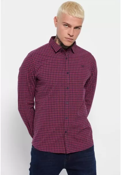 Shirts Funky-Buddha Bordeaux Plaid Shirt With Embroidered Logo Modern Men's