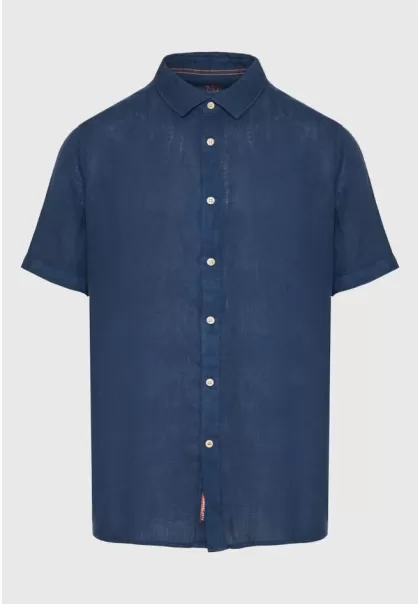 Funky-Buddha Garment Dyed Short Sleeve Linen Shirt Navy Shirts Men's Vintage