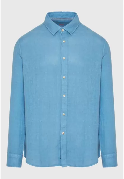 Garment Dyed Linen Shirt - The Essentials Men's Funky-Buddha Shirts China Blue Sleek