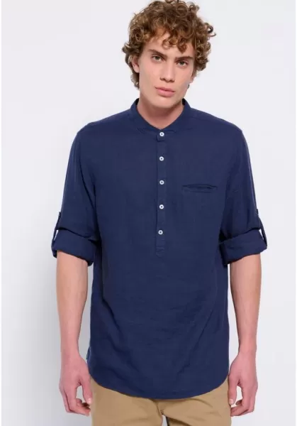 Shirts Navy Funky-Buddha Mao Neck Linen Shirt Practical Men's