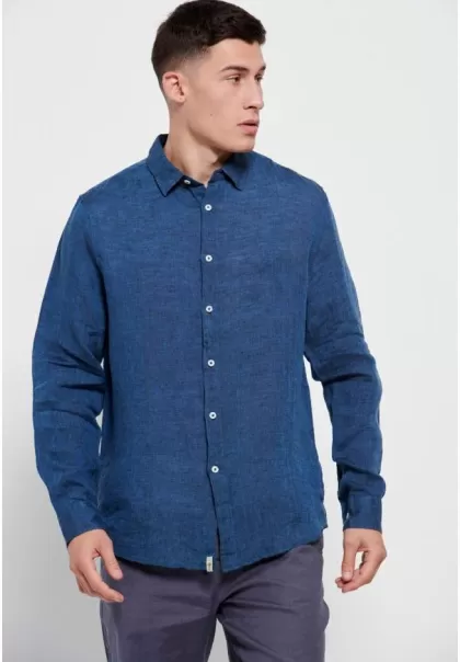 Ergonomic Funky-Buddha Men's Linen Shirt In Melange Fabric Ink Blue Mel Shirts