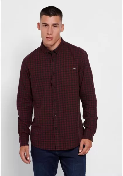 Funky-Buddha Men's Shirts Bordeaux Trendy Plaid Shirt With Front Pocket