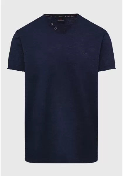 Flash Sale Men's Navy T-Shirts Essential T-Shirt With Henley Neck And Raw Cuts Funky-Buddha