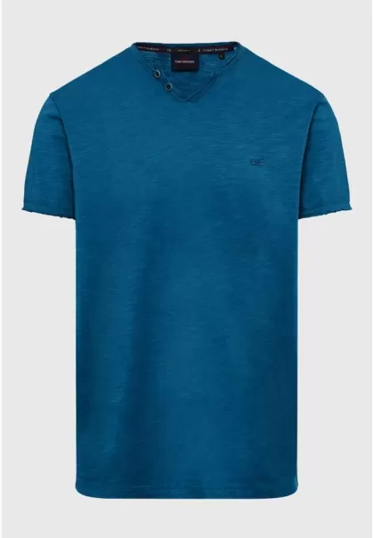 Markdown Essential T-Shirt With Henley Neck And Raw Cuts T-Shirts Funky-Buddha Deep Teal Men's
