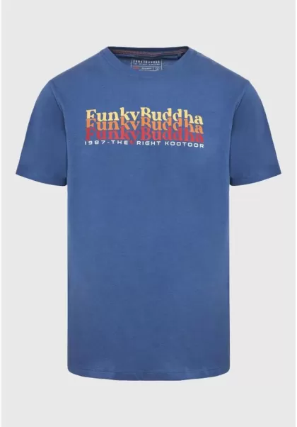 T-Shirt With Colorblock Branded Print Funky-Buddha Indigo T-Shirts Latest Men's
